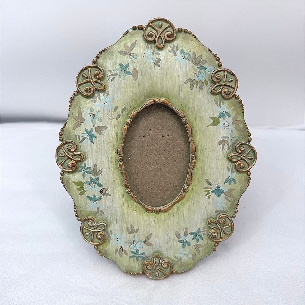 Tracy Porter Picture Frame Floral Green Gold Oval Hand Painted Vintage Victorian